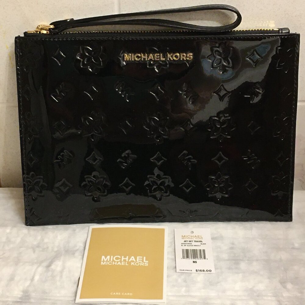 NWT!!! Michael Kors Ciara black metallic large zip clutch wristlet.